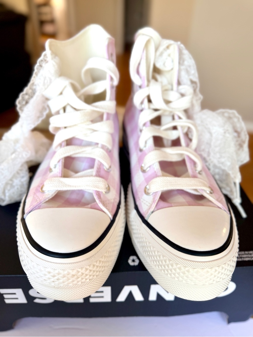 Converse Pink Gingham Platform Chuck Taylor Sneakers with Mint Sole - Picture 5 of 14